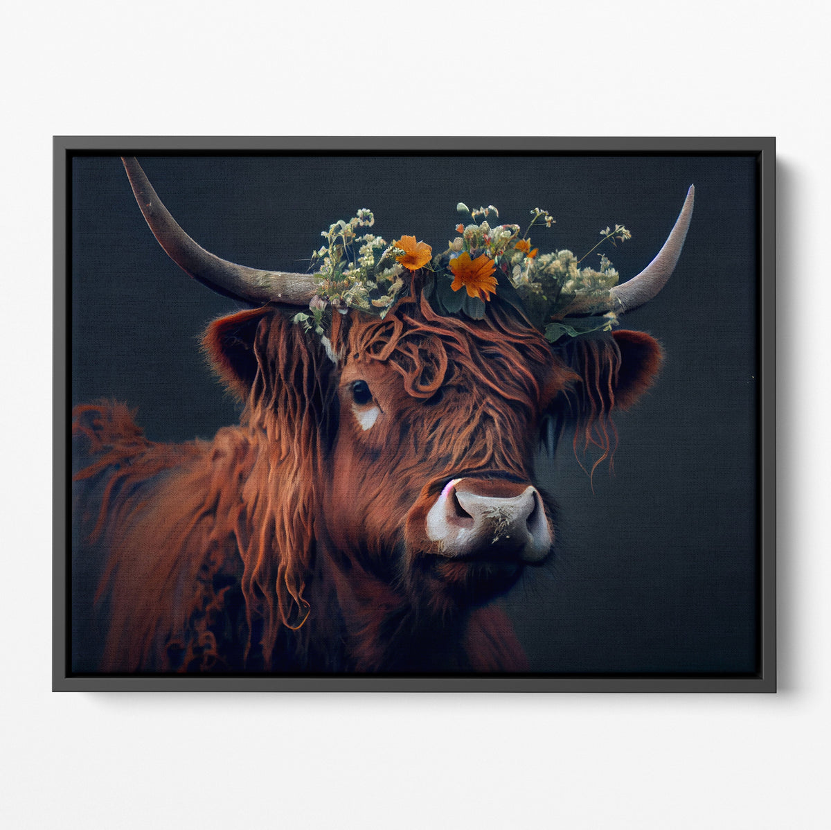 Orange Flower Highland Cow Poster/Canvas | Far Out Art 