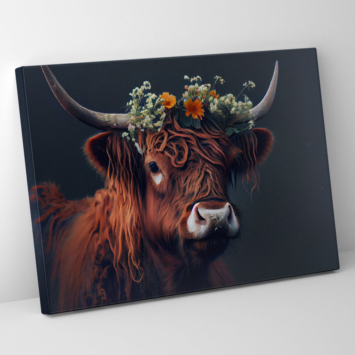 Orange Flower Highland Cow Poster/Canvas | Far Out Art 